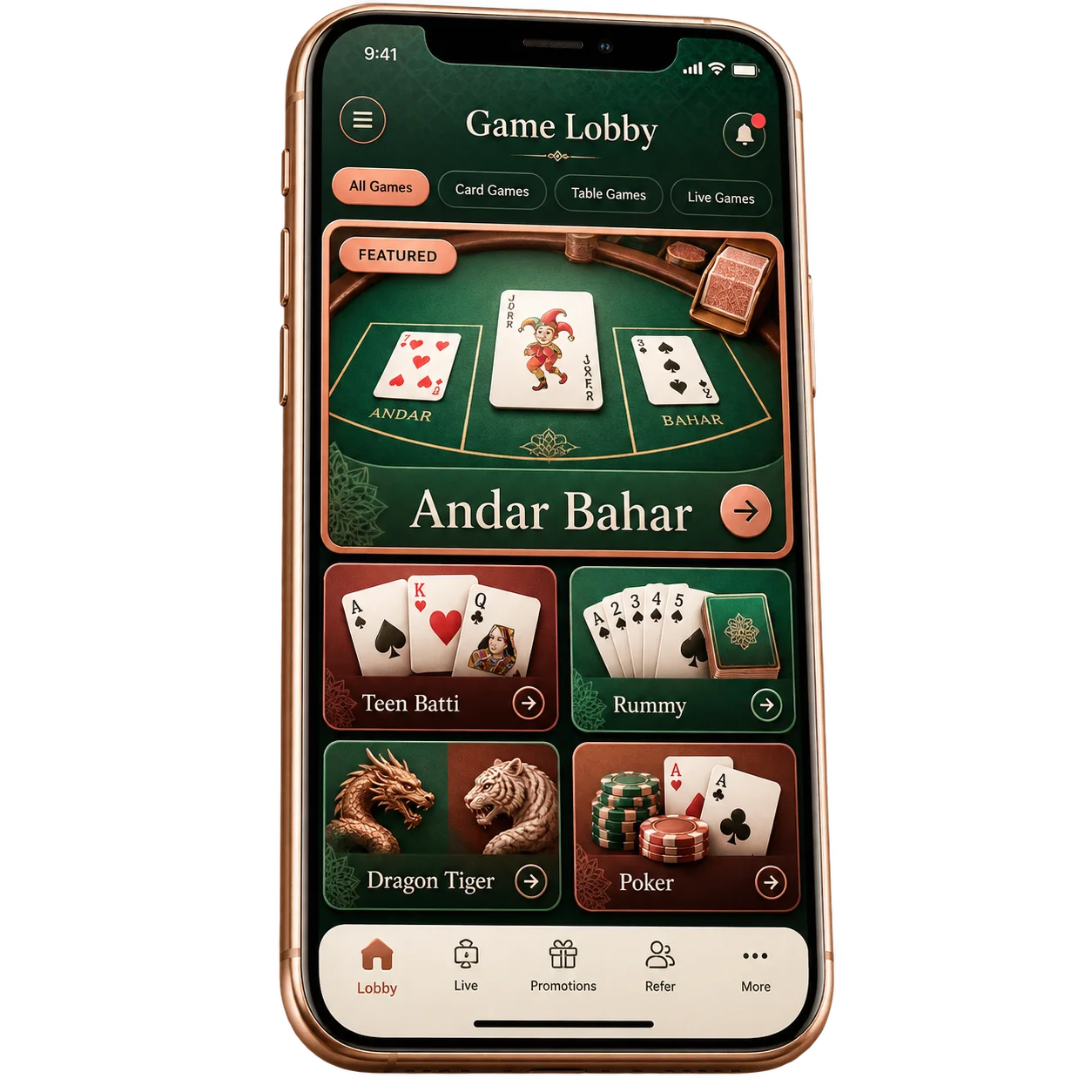The app lobby with the Andar Bahar table listed