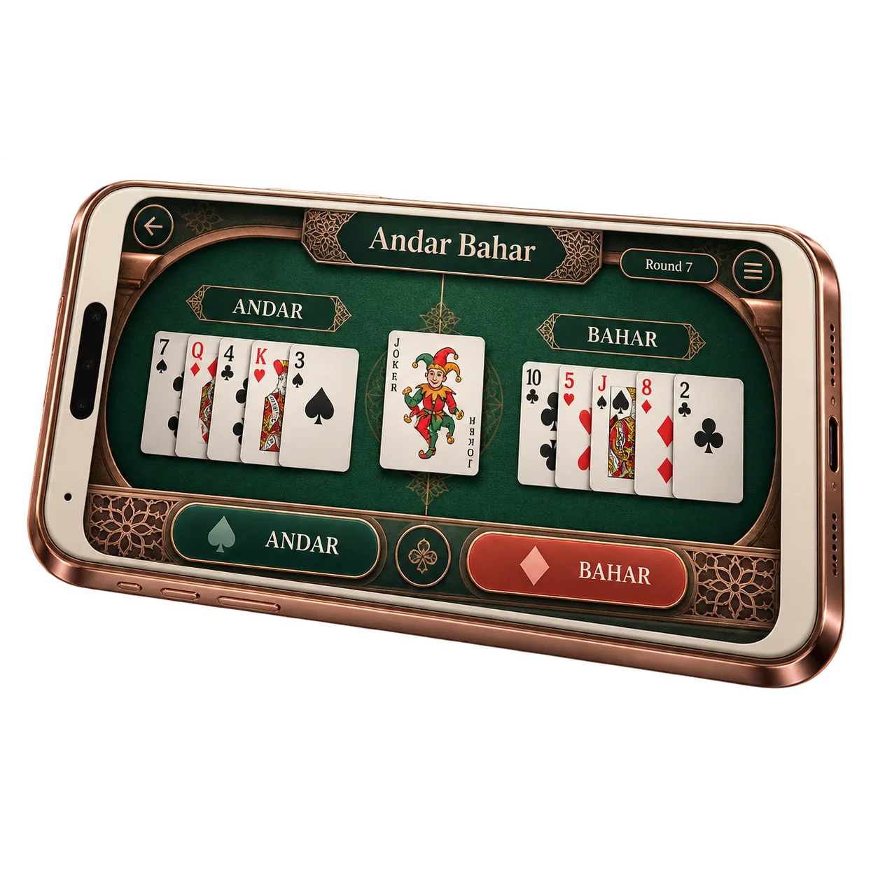 An Andar Bahar hand in progress with the joker face up and cards dealt to both sides