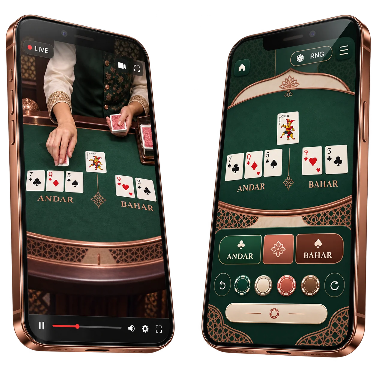 A live dealer Andar Bahar table beside the software version of the same game