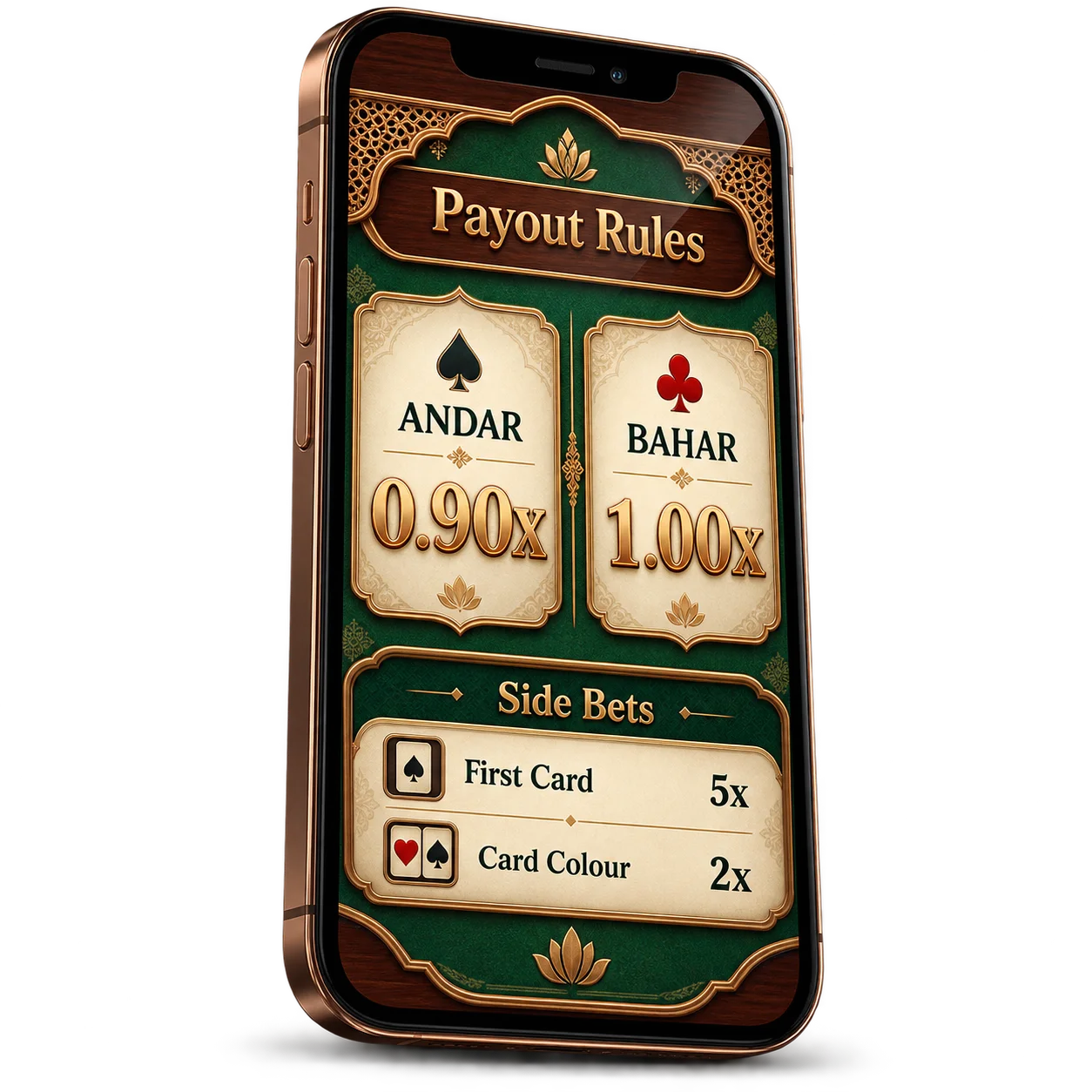 The Andar Bahar rule panel showing the payout on each side